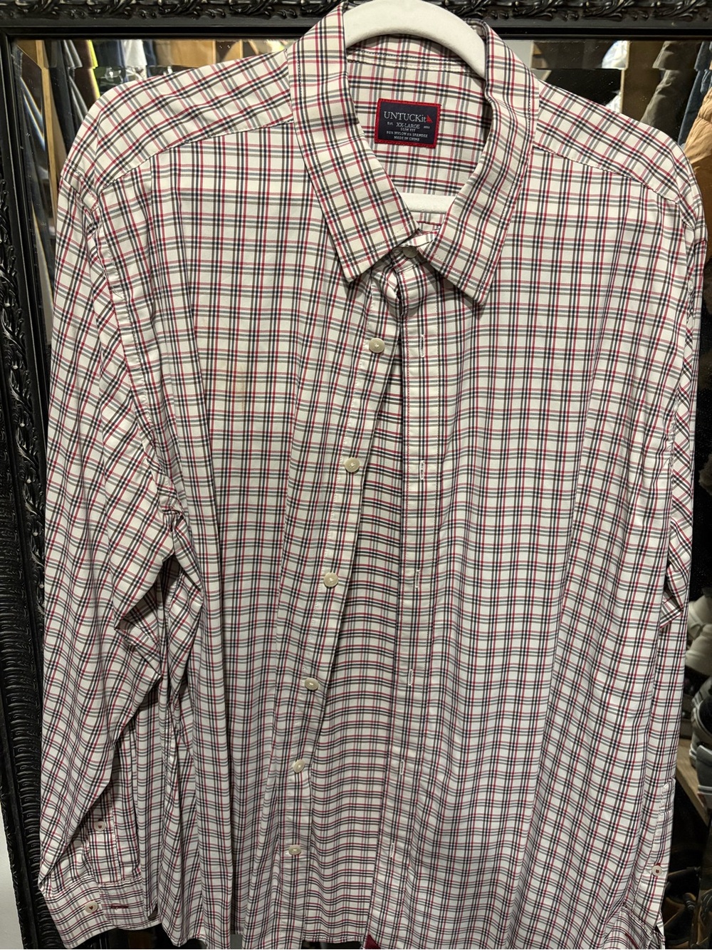 UNTUCKit Men's White Button-Down Shirt with Red and Navy Plaid